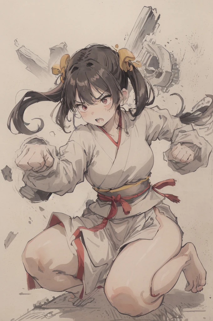 (Highest quality、High resolution、8K、masterpiece: 1.2)。Depicts a beautiful girl smashing a concrete wall into pieces。(1 Beautiful Girl:Kunoichi、Sit down、Karate stance、A punch powerful enough to shatter a wall、Angry expression、Casual clothes、teeth、cheek、Dynamic punches)、Line art thicker、Dynamic depiction、(background:Group of monsters)