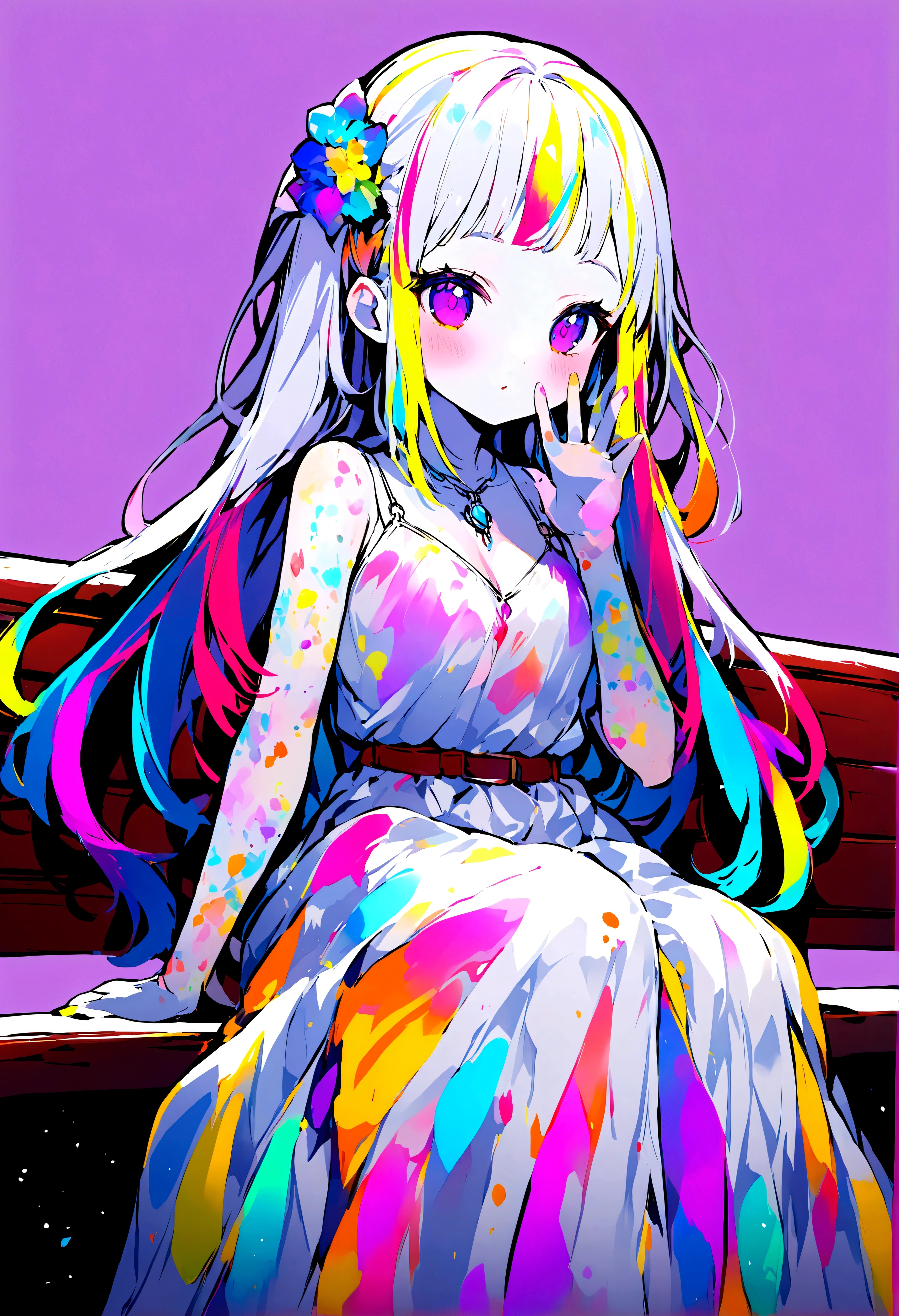 transparent girl like an animated character sits on a station bench.Girls are translucent.The girl's outline is painted in pale purple.The background is colorful and vivid,