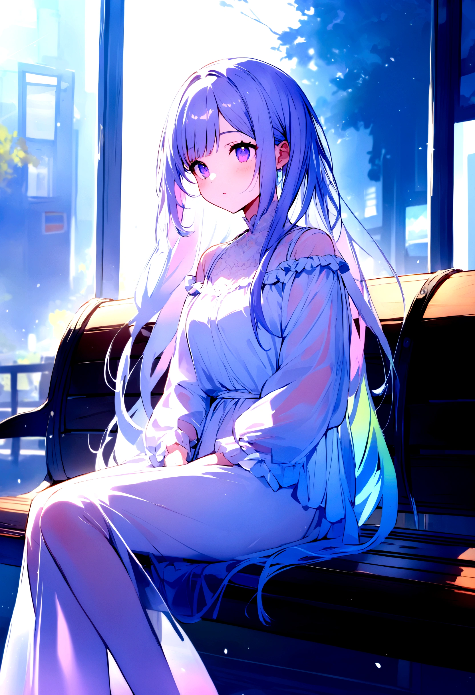 transparent girl like an animated character sits on a station bench.Girls are translucent.The girl's outline is painted in pale purple.The background is colorful and vivid,