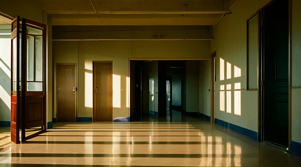 Photorealistic perspective. The scene captures an empty school hallway with a 7-year-old boy with straight, dark brown hair. The corridor is flanked by beige classroom doors on the left, ajar, and a low wall (wall) on the right, indicating that it is on the second floor. The floor is covered with reddish tiles, characteristic of a school from the mid-90s.
At the end of the corridor, there is the figure of this standing, smiling. The atmosphere is surreal and mysterious, with a sudden drop in temperature that seems almost palpable. The dim lighting casts long shadows, increasing the feeling of isolation and suspense. The figure at the end of the hall exudes a sense of familiarity, and his presence is joyful.