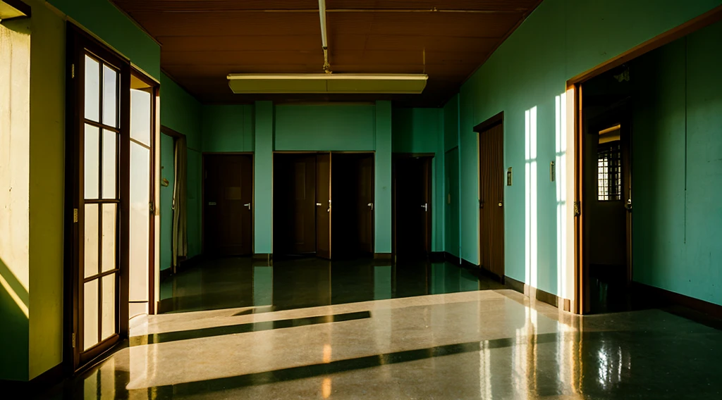 Photorealistic perspective. The scene captures an empty school hallway with a 7-year-old boy with straight, dark brown hair. The corridor is flanked by beige classroom doors on the left, ajar, and a low wall (wall) on the right, indicating that it is on the second floor. The floor is covered with reddish tiles, characteristic of a school from the mid-90s.

At the end of the corridor, there is the figure of this  standing, smiling. The atmosphere is surreal and mysterious, with a sudden drop in temperature that seems almost palpable. The dim lighting casts long shadows, increasing the feeling of isolation and suspense. The figure at the end of the hall exudes a sense of familiarity, and his presence is joyful.