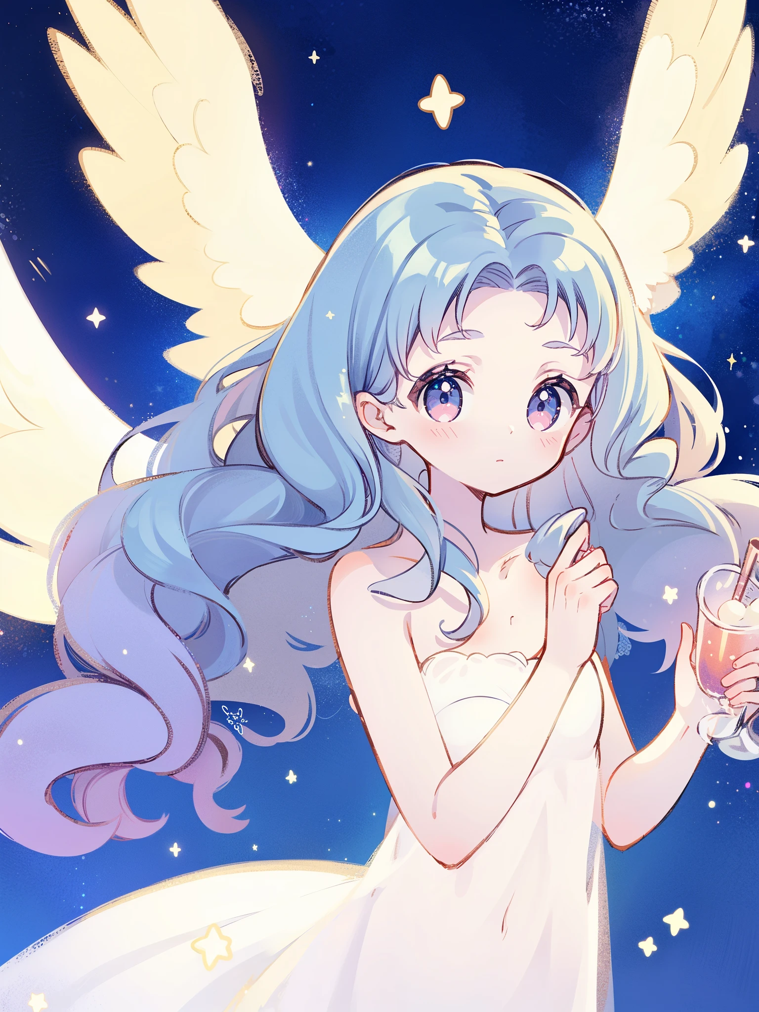 nude angel girl wearing an ethereal translucent dress, pale skin, ((wavy blue hair)), white feathers, angel wings, sparkling detailed eyes, golden ratio face, perfect composition, highly detailed, ethereal, (starry night sky background), midjourney style