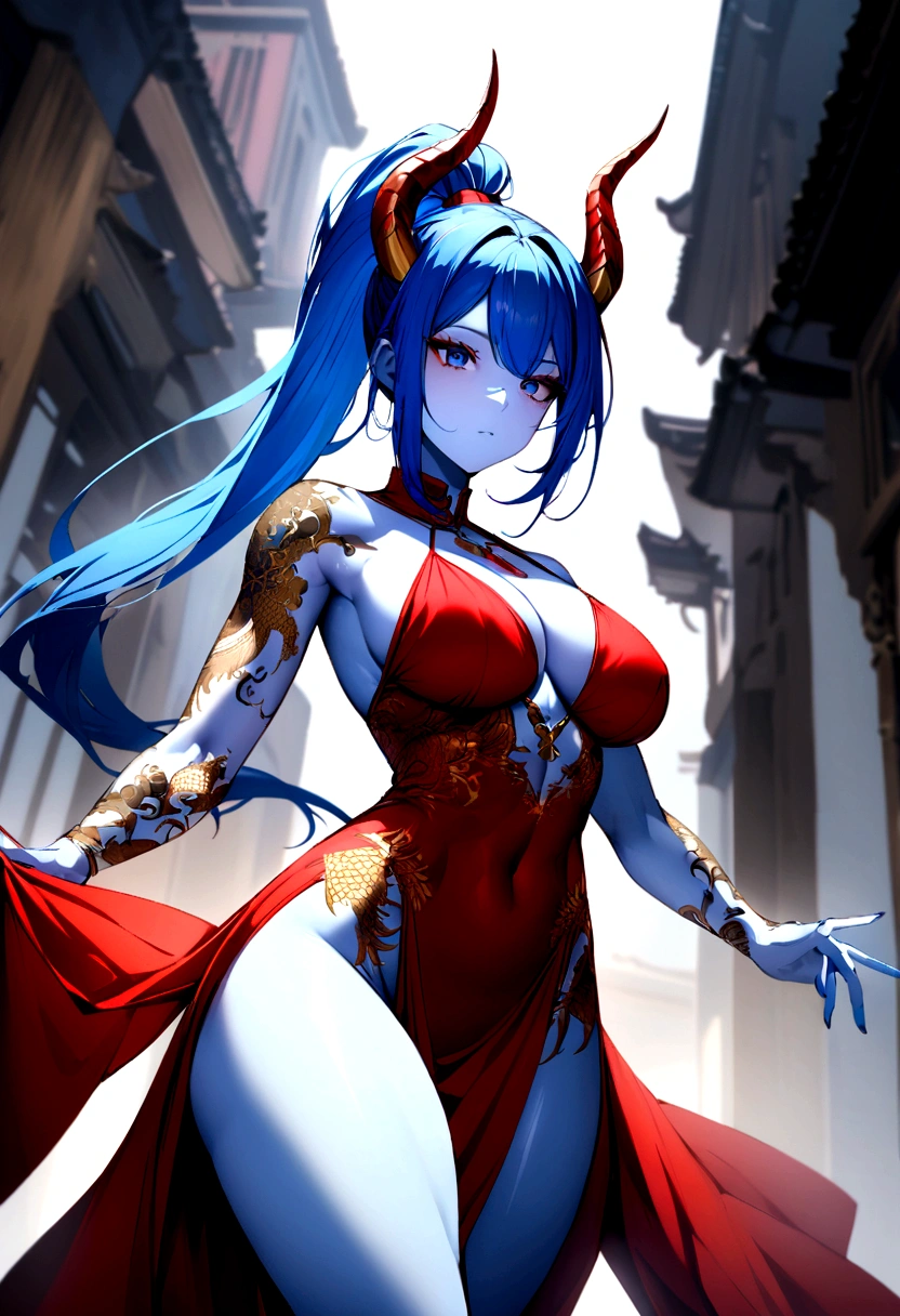 Create a woman with light blue skin, blue hair in a ponytail, breasts big, defined body toned thighs, and she has horns, dark blue eyes, and dragon tattoos on arms and legs in dark blue, She is wearing a red dress with white and dark details