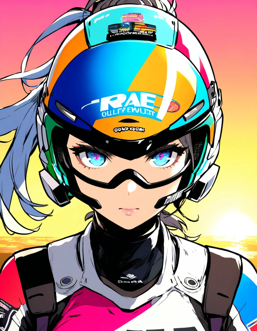 extremely clear 8K wallpaper, extremely delicate and detailed face:1.3, absurdres, masterpiece, by Posuka Demizu, Portrait, a woman wearing a fullface type motocross helmet., a detailed and colorful illustration of a sunset beach is drawn on the entire surface of the helmet., she has her hair tied back., the look in her eyes reveals her strong determination to win the race. ,
