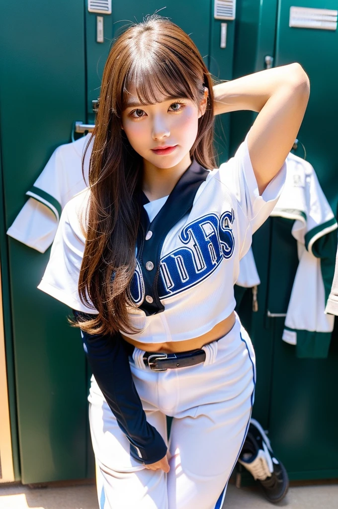 (masterpiece, ultra-detailed, ultra-realistic, best quality, clear focus, photorealistic), solo, 1 woman, (ultra-high resolution, 8k, 16k:1.3), (full body:1.3), (very wide shot), (perfect anatomy:1.3), perfect face, (detailed face, detailed eye), (18 years old Japanese idol but famous professional baseball player:1.3), she belongs to the famous team, (a uniform is made of very thick leather:1.1), (extremely tight fitting:1.3), (just about to change into her team's worn-out baseball uniform at locker room:1.3), large breasts, slim waist, (very beautiful with very cute but cool boyish face), (Bad girl:1), cool girl atmosphere, light colored hair, (dynamic angle:1.3), (focus on some part of body including face:1.3), very slender but very muscular, very broad shoulders, painful expressions,