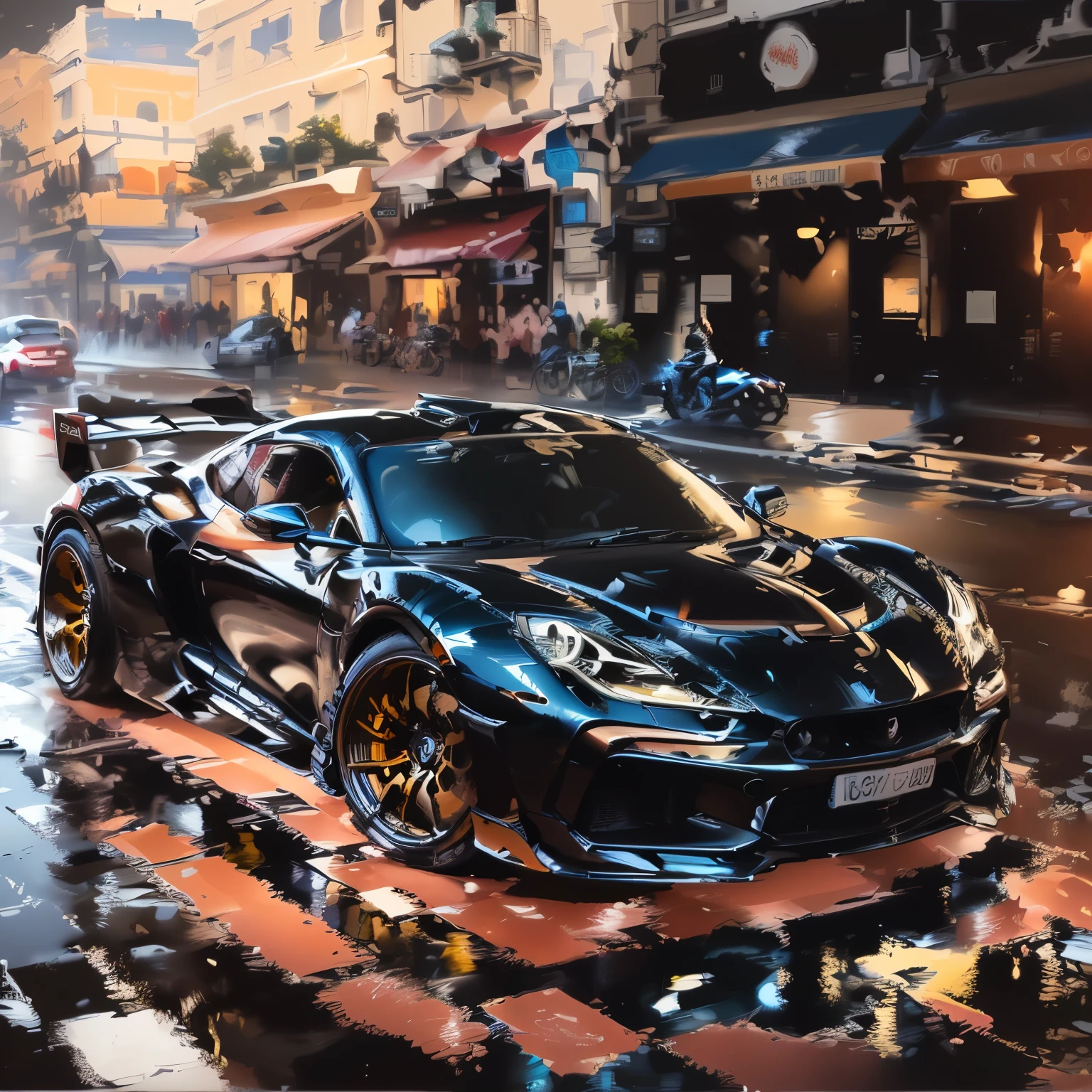 arafed sports car parked on a wet street in a city, sports car, black car, sportcar, sport car, stunning art style, super car, supercar, digital painting highly detailed, photorealistic!!!!!!! art style, wide body, high quality digital painting, by Zahari Zograf, # 1 digital painting of all time, #1 digital painting of all time