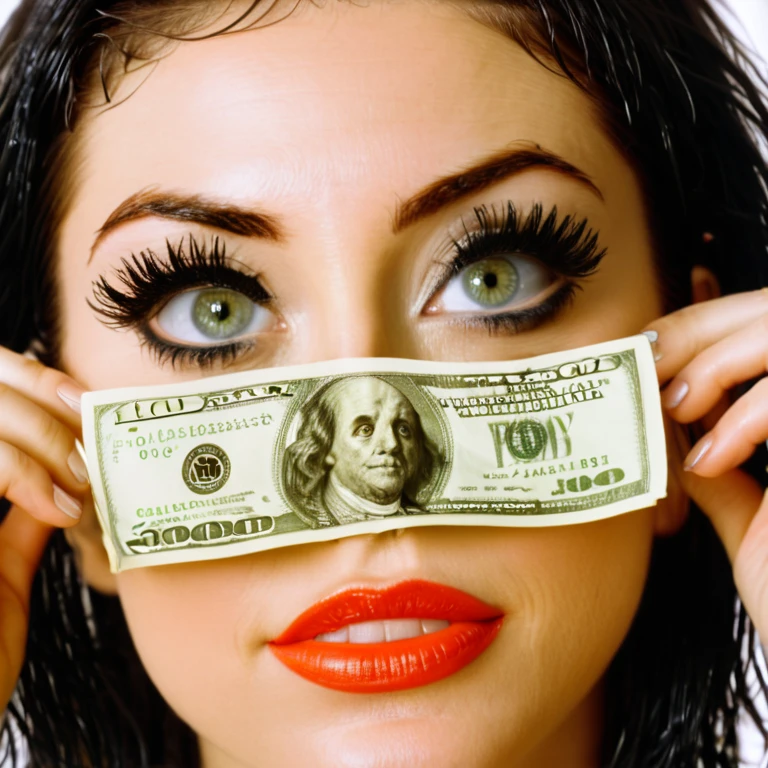 Very beautiful woman with red lips and black hair with big boobs with a gold rosary covering her eyes with a 100 dollar bill 