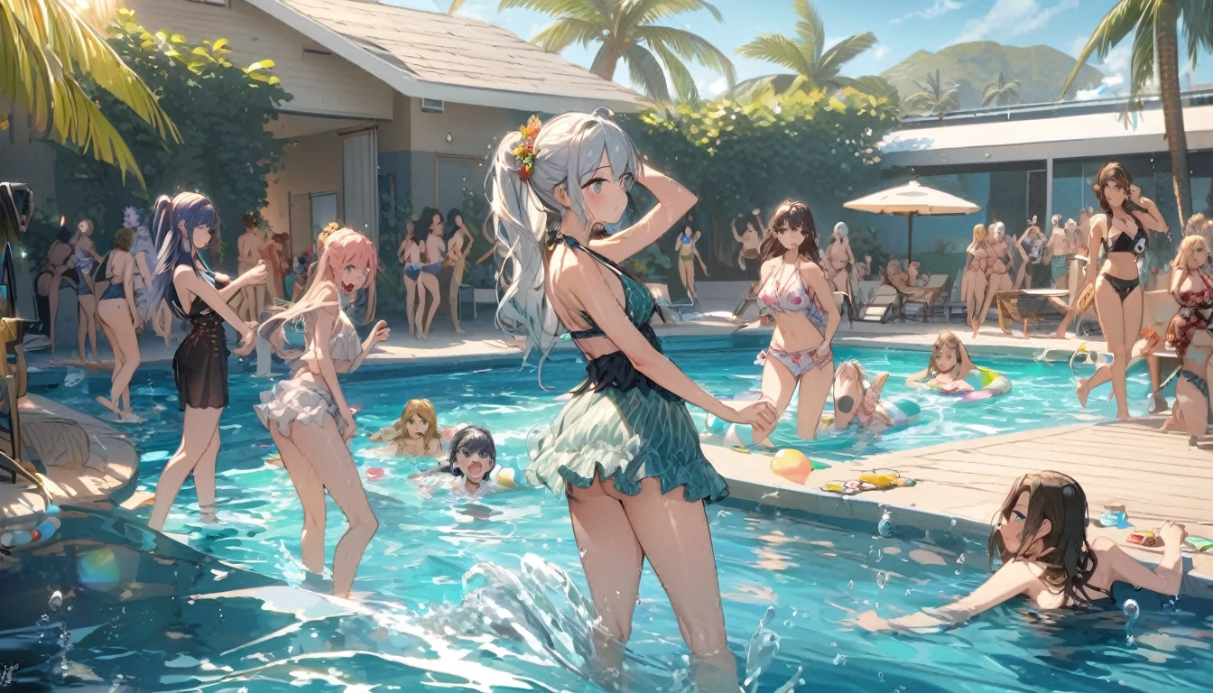 (Pool Party), multi girls, water, swimming, standing, water drops, extremly detailed, beach, E7E48U