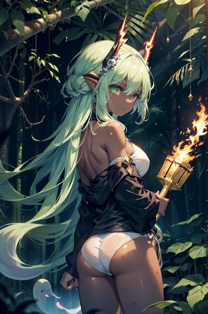 masterpiece, best quality, ultra-detailed
1girl, Dark-skinned Amazonian female warrior, green eyes, white eyeliner, green hair, fang, tusk, bone armor, plunderer, skull headgear, beast
dinosaur hunting
'((Nervous face))', '((sweat))', '((Scared))',
'((((Holding up the torch))))',
'((((look back))))',
'((((appearance from behind))))',
'(((Midsummer night)))', '((((forest))))', '((((Dense Jungle))))', '(((Pitch Black Forest)))', '((((ghost👻))))',
