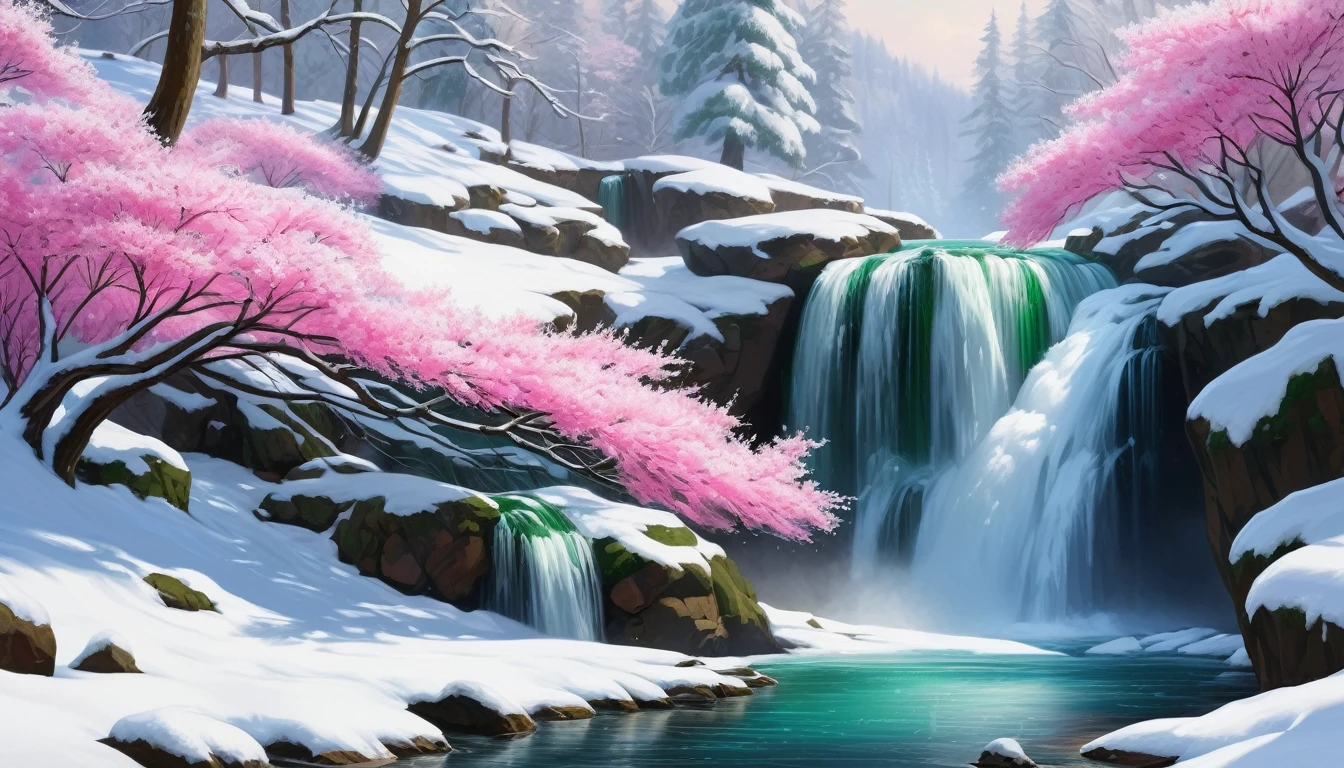 a painting of a cascade with pink flowers and green leaves on the winter with snow white, flowers and cascades, peaceful beau cascade, beau wallpaper, beau stunning cascade, very beau photo, with trees and cascades (masterpiece, ultra quality, high resolution, 8k, intricate: 1.2), (masterpiece), (best quality:1)