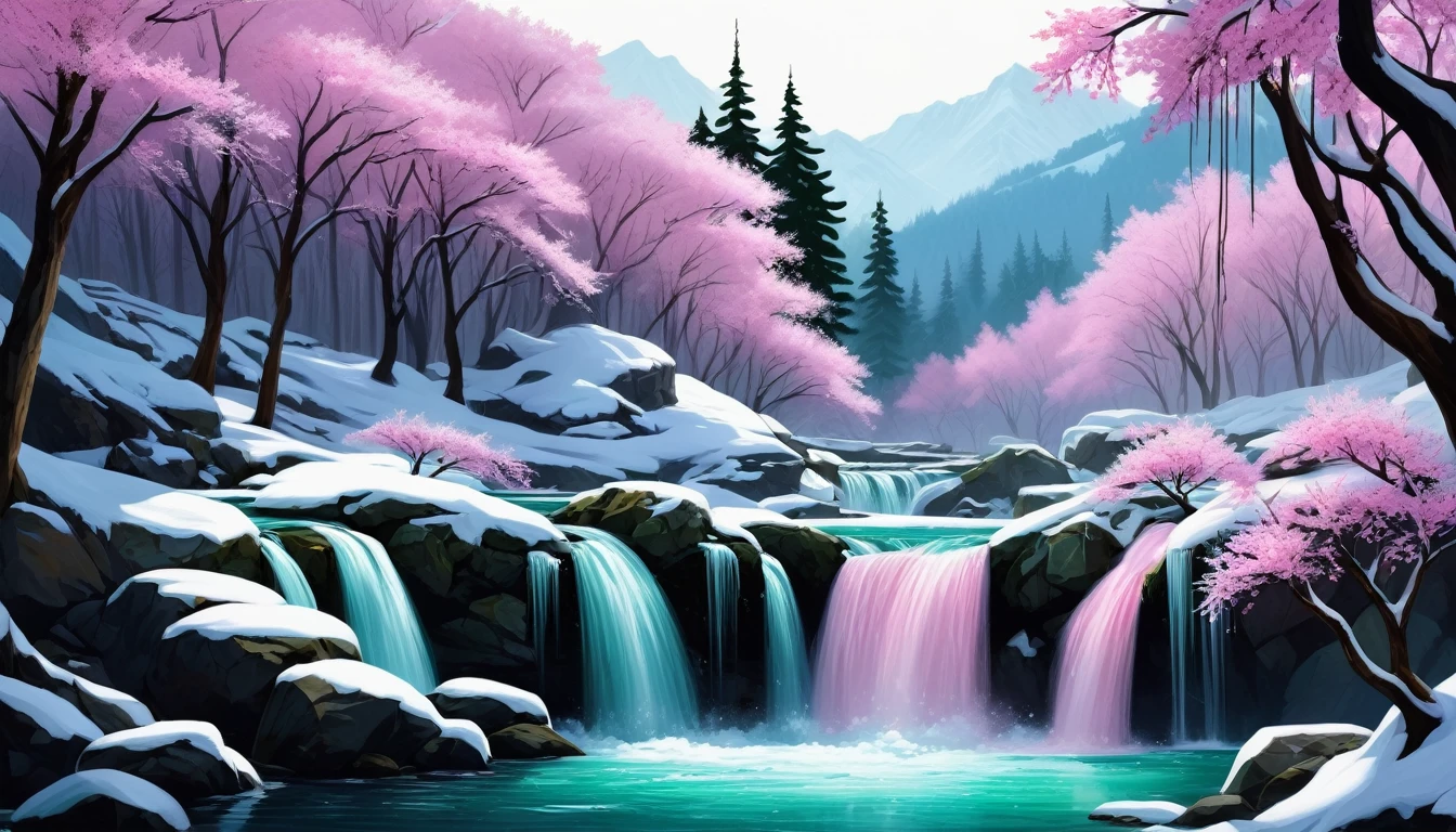 a painting of a cascade with pink flowers and green leaves on the winter with snow white, flowers and cascades, peaceful beau cascade, beau wallpaper, beau stunning cascade, very beau photo, with trees and cascades (masterpiece, ultra quality, high resolution, 8k, intricate: 1.2), (masterpiece), (best quality:1)