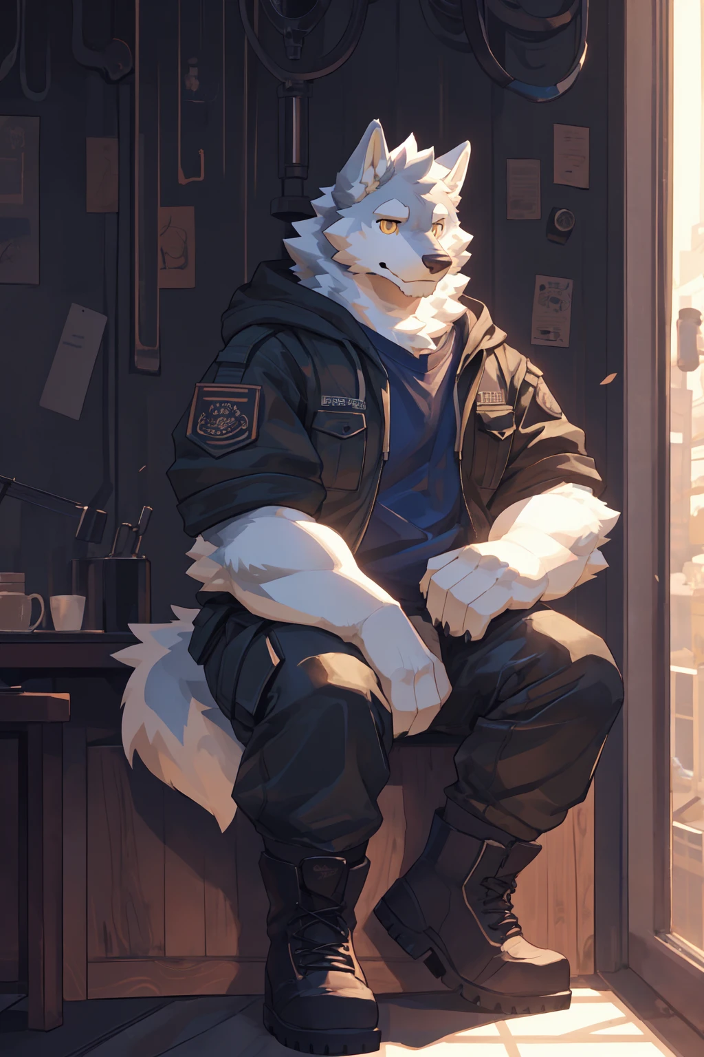 Best quality, Professional, Vivid Colors, Cinematic light, full body, wolf, Muscular male, kemono, by bigcozyorca, Solo, grey Fur, white body, golden eyes, pectorals, (detailed face, detailed eyes:1.5), open hoodie, cargo pants, boots, sitting alone, indoor, Ambient Light, Ray tracing, detailed shadow