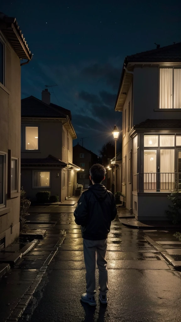 (best qualityer) (High definition) On a street there is a boy standing, looking at the window of a house, inside the house the television is on, the scene takes place at night, the boy is standing in the upper part of the street, At the bottom you can see the lights of the houses illuminating the city. 4K, Realistic Scene,