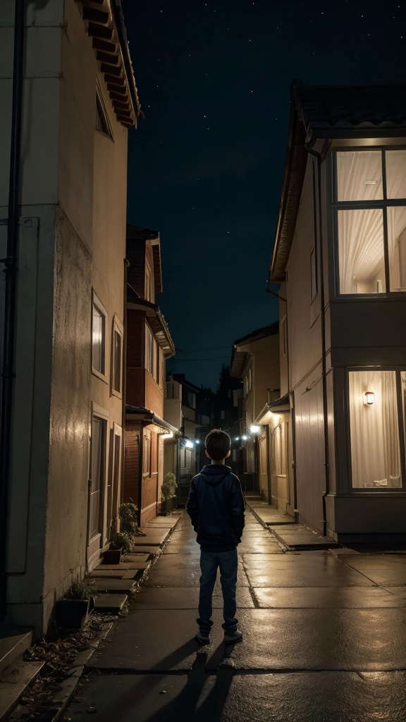 (best qualityer) (High definition) On a street there is a boy standing, looking at the window of a house, inside the house the television is on, the scene takes place at night, the boy is standing in the upper part of the street, At the bottom you can see the lights of the houses illuminating the city. 4K, Realistic Scene, 