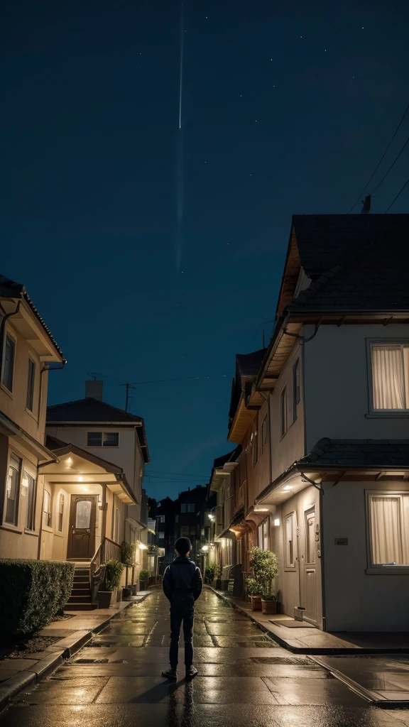 (best qualityer) (High definition) On a street there is a boy standing, looking at the window of a house, inside the house the television is on, the scene takes place at night, the boy is standing in the upper part of the street, At the bottom you can see the lights of the houses illuminating the city. 4K, Realistic Scene,