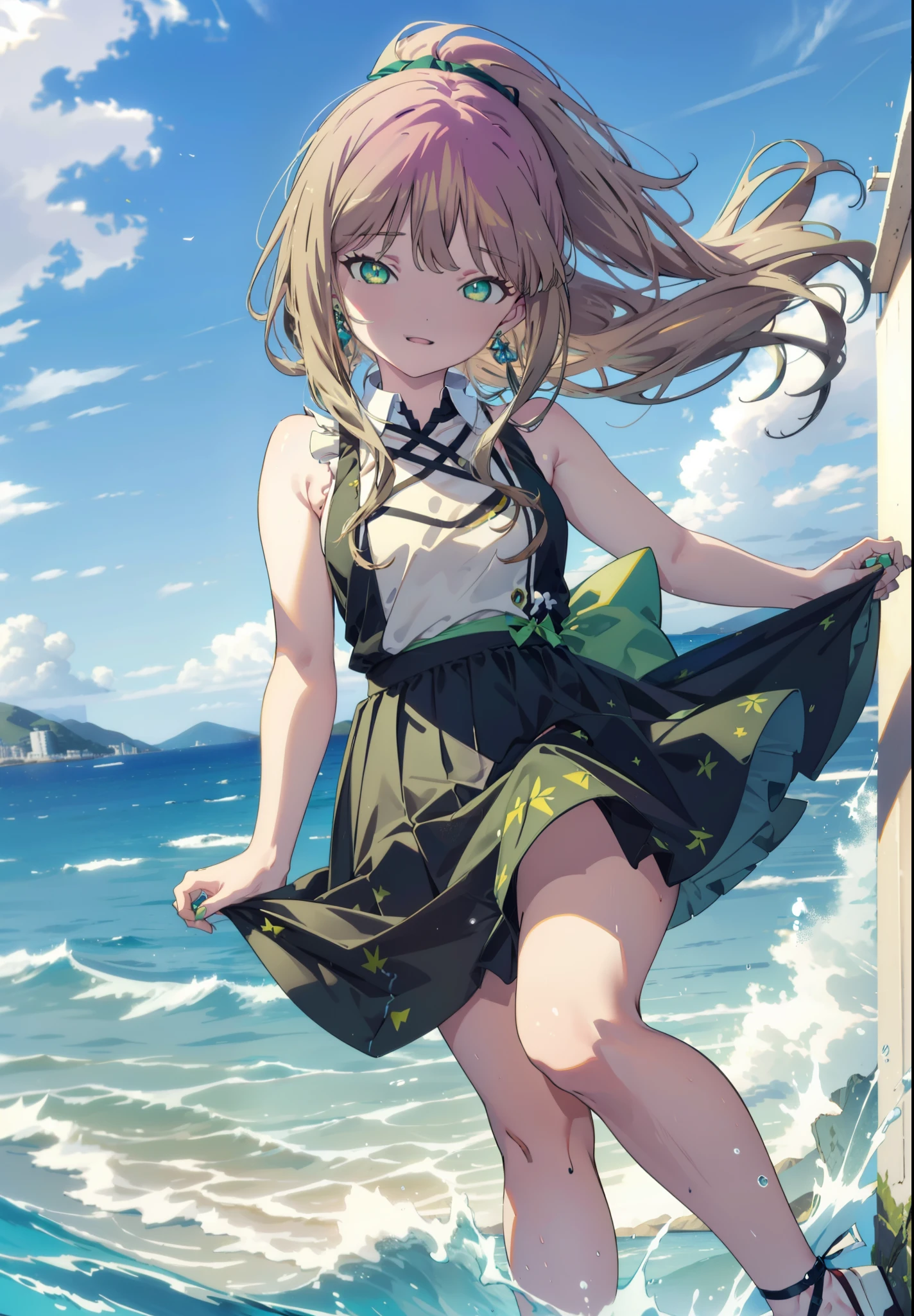minami yume ,sss Dynazenon ,Long Hair, Brown Hair, (Green Eyes:1.5) ,Center of chest,hair band,ponytail,happy smile, smile, Open your mouth, Blue sleeveless dress,Long skirt,Cute heeled sandals,whole bodyがイラストに入るように,Daytime,Clear skies,Walking,
break looking at viewer, whole body,
break outdoors, Coastal Road,Building district,
break (masterpiece:1.2), Highest quality, High resolution, unity 8k wallpaper, (shape:0.8), (Beautiful and beautiful eyes:1.6), Highly detailed face, Perfect lighting, Highly detailed CG, (Perfect hands, Perfect Anatomy),