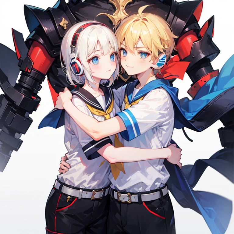 Highest quality, Ultra-precision, 2名様only, 1 boy and 1 girl, (Boys are Kagami Mine_only), (Girl Kagami Mine_Also), blue eyes, cute, short hair, Headphones, Blonde, Sailor suit, Black shorts, belt, Yellow tie, smile, , twins, Love Each Other, brother, childたち, (Boys are as tall as girls), , Character focus, Couple, Love Each Other, White Background, Look at each other, Platonic Love, Cool Boy, cute girl, (hug), Cowboy Shot, blush, Trying to kiss, The boy has a cowlick, Little Boy