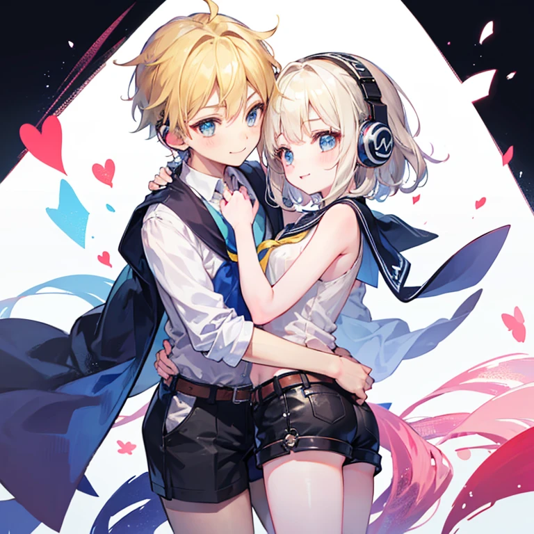 Highest quality, Ultra-precision, 2名様only, 1 boy and 1 girl, (Boys are Kagami Mine_only), (Girl Kagami Mine_Also), blue eyes, cute, short hair, Headphones, Blonde, Sailor suit, Black shorts, belt, Yellow tie, smile, Primary school students, twins, Love Each Other, brother, childたち, (Boys are as tall as girls), , Character focus, Couple, Love Each Other, White Background, Look at each other, Platonic Love, Cool Boy, cute girl, (hug), Cowboy Shot, blush, Trying to kiss, The boy has a cowlick, Little Boy