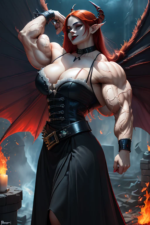 (((((Massive, beautiful, buff, pale white skinned muscular asian woman with demon wings, red hair, black lipstick, ginormous bulky muscles, behind fire and wearing a gothic blouse with long gothic skirt))))), (close view), (massive muscles), (hyper muscle), long hair, ((gothic blouse)), yellow eyes, (spiky gauntlets), (demon wings), choker, ((long black gothic skirt with gothic belt)), black high heels, (on top of a dilapidated building), (Dark and moody universe:1.3), (closed smile), night, (massive arms)