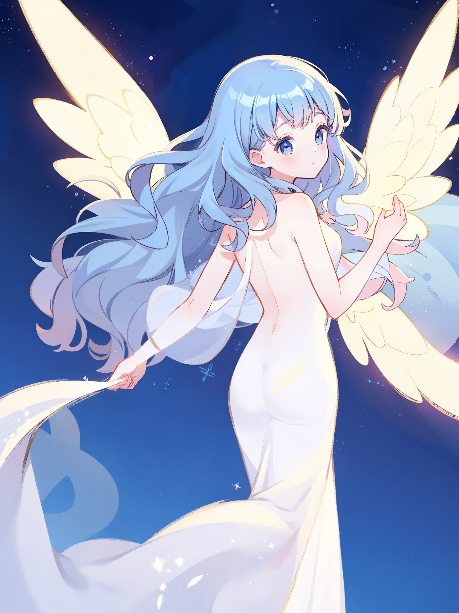 nude angel girl wearing an ethereal translucent dress, pale skin, ((wavy blue hair)), white feathers floating in the air, angel wings coming from her back, sparkling detailed eyes, golden ratio face, perfect composition, highly detailed, ethereal, (starry night sky background), midjourney style