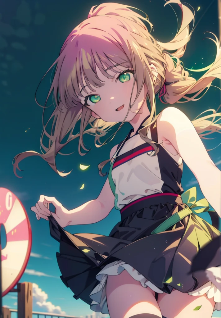 minami yume ,sss Dynazenon ,Long Hair, Brown Hair, (Green Eyes:1.5) ,Center of chest,hair band,ponytail,happy smile, smile, Open your mouth, Blue sleeveless dress,Long skirt,Cute heeled sandals,whole bodyがイラストに入るように,Daytime,Clear skies,Walking,
break looking at viewer, whole body,
break outdoors, Building district,
break (masterpiece:1.2), Highest quality, High resolution, unity 8k wallpaper, (shape:0.8), (Beautiful and beautiful eyes:1.6), Highly detailed face, Perfect lighting, Highly detailed CG, (Perfect hands, Perfect Anatomy),