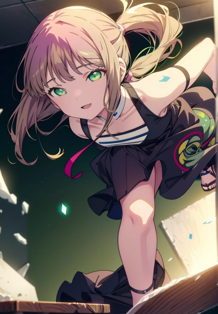 minami yume ,sss Dynazenon ,Long Hair, Brown Hair, (Green Eyes:1.5) ,Center of chest,hair band,ponytail,happy smile, smile, Open your mouth, Blue sleeveless dress,Long skirt,Cute heeled sandals,whole bodyがイラストに入るように,Daytime,Clear skies,Walking,
break looking at viewer, whole body,
break outdoors, Building district,
break (masterpiece:1.2), Highest quality, High resolution, unity 8k wallpaper, (shape:0.8), (Beautiful and beautiful eyes:1.6), Highly detailed face, Perfect lighting, Highly detailed CG, (Perfect hands, Perfect Anatomy),
