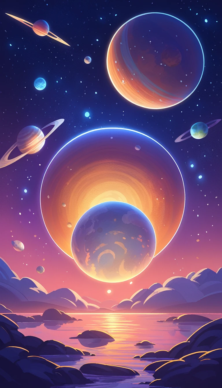 Dreamworks art style, planets in the distant sky, evening background