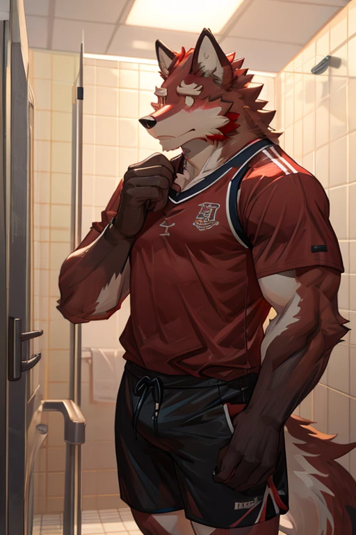 POV,top angle,sleep on stomach,lats,trapezius,butt lift,kemono, anthro (brown dog), male, (brown dog), muscular, back, red body, white belly ,sweat, ((correct anatomy)), stand, public toilet, perfect public toilet background, 1 boy, solo, wearing jockstrap, pain expression, canine tooth, hd, dark shadows, wide dynamic range, hdr, low light:1.2, front view, full body, canid, canine, canis, domesticbrown dog mammal, nordic sled brown dog, fullbody, full res, smile, lifeguard, wearing Tank top, (underwear sniffing) , open mouth,tongue out,drooling, hold big bulge, nsfw, perfect underwear, look side view, camera view