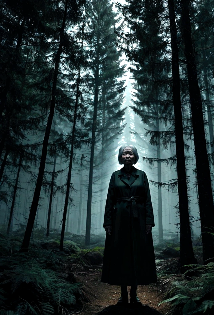 Draw a Korean grandmother in her 70s standing in a dark forest like a horror movie scene