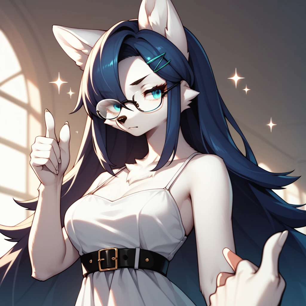 score_9,score_8_up,score_7_up, sierra, kemono style, a young nerdy Anthro furry wolf woman, white furry body, long elegant and straight hair, elegant glasses, hair clip, wearing elegant blue sundress, black belt, fidgeting her fingers together, sparkles around her, she is shy, looking away, pouting, pov, pov viewer is giving her a thumbs up