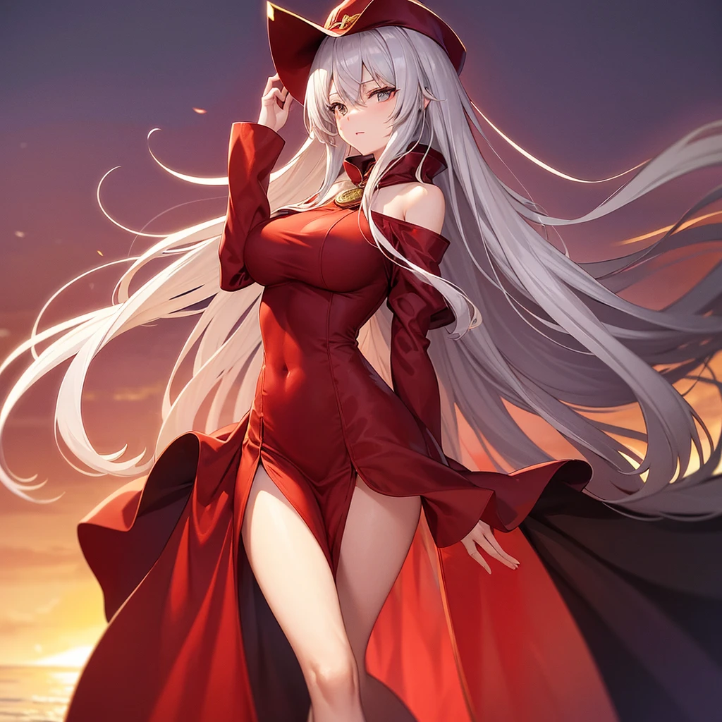 1Human Mage。Big Breasts。glamorous body。Silver-haired half-up。Golden eyes。Wearing a red cloak。Wearing a big red hat。Black top inner。Shoulder Off,beautiful long dress, brown Clothes, dusk, dusk sky, sunset,Free Pose。Low - Angle