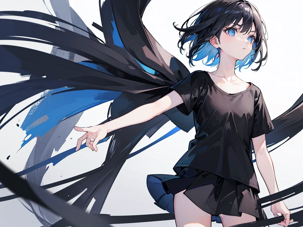 1girl, solo, blue eyes, (detailed eyes), flat chest, short hair, black hair, ((black t-shirt)), simple t-shirt, black skirt, black socks, standing, upper body, (white background), Transparent background, looking down, ((masterpiece, illustration, best quality))