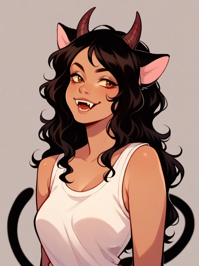 Half body, A beautiful woman, long wavy black hair, brown eyes, casual clothing, cat ears and tail, fangs, horns, sexi