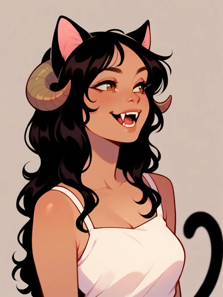 Half body, A beautiful woman, long wavy black hair, brown eyes, casual clothing, cat ears and tail, fangs, horns, sexi