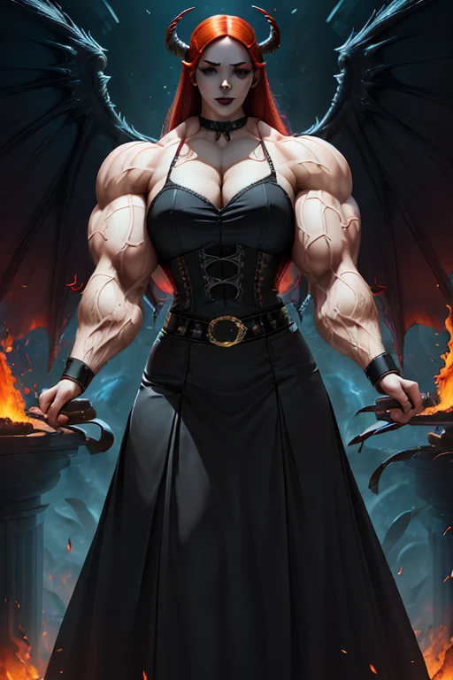 (((((Massive, beautiful, buff, pale white skinned muscular asian woman with demon wings, red hair, black lipstick, ginormous bulky muscles, behind fire and wearing a gothic blouse with long gothic skirt))))), (close view), (massive muscles), (hyper muscle), long hair, ((gothic blouse)), yellow eyes, (spiky gauntlets), (demon wings), choker, ((long black gothic skirt with gothic belt)), black high heels, (on top of a dilapidated building), (Dark and moody universe:1.3), (closed smile), night, (massive arms)
