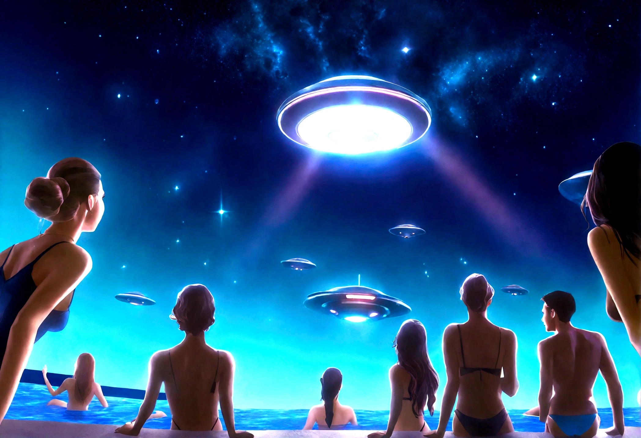 a group of people in swimsuits having a night pool party, looking up at a UFO in the starry sky, detailed realistic lighting, cinematic composition, photorealistic, dramatic mood, dark dramatic colors, moody blue tones, dramatic rim lighting, volumetric fog, stunning hyper-detailed starry night sky, highly detailed UFO, intricate details, 8k, masterpiece