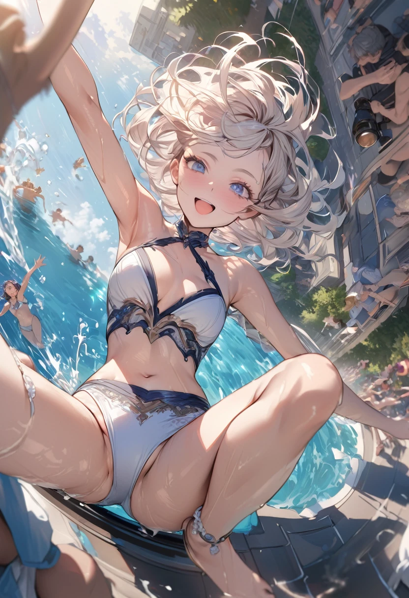 A man and a woman in swimsuits wear float and jumping into the pool, The scene of jumping into the pool, Looking very happy in the air above the pool, , splashing water, Many people enjoy partying by the pool, Dynamic Motion Blur, high angle view, (Highest quality,4K,8K,High resolution,masterpiece:1.2), Pool Party, Very detailed, hyper Realistic, Professional photography, Cinema Lighting, Dynamic action scenes, Wonderful landscape