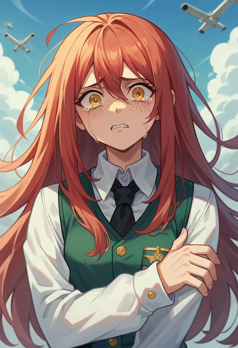 screenshot of my hero academy. girl blue and black long hair, yellow eyes and freckles on her face. in a downward looking plane, crying uncontrollably while her hands are covering her ears while she cries a thousand tears in her face.