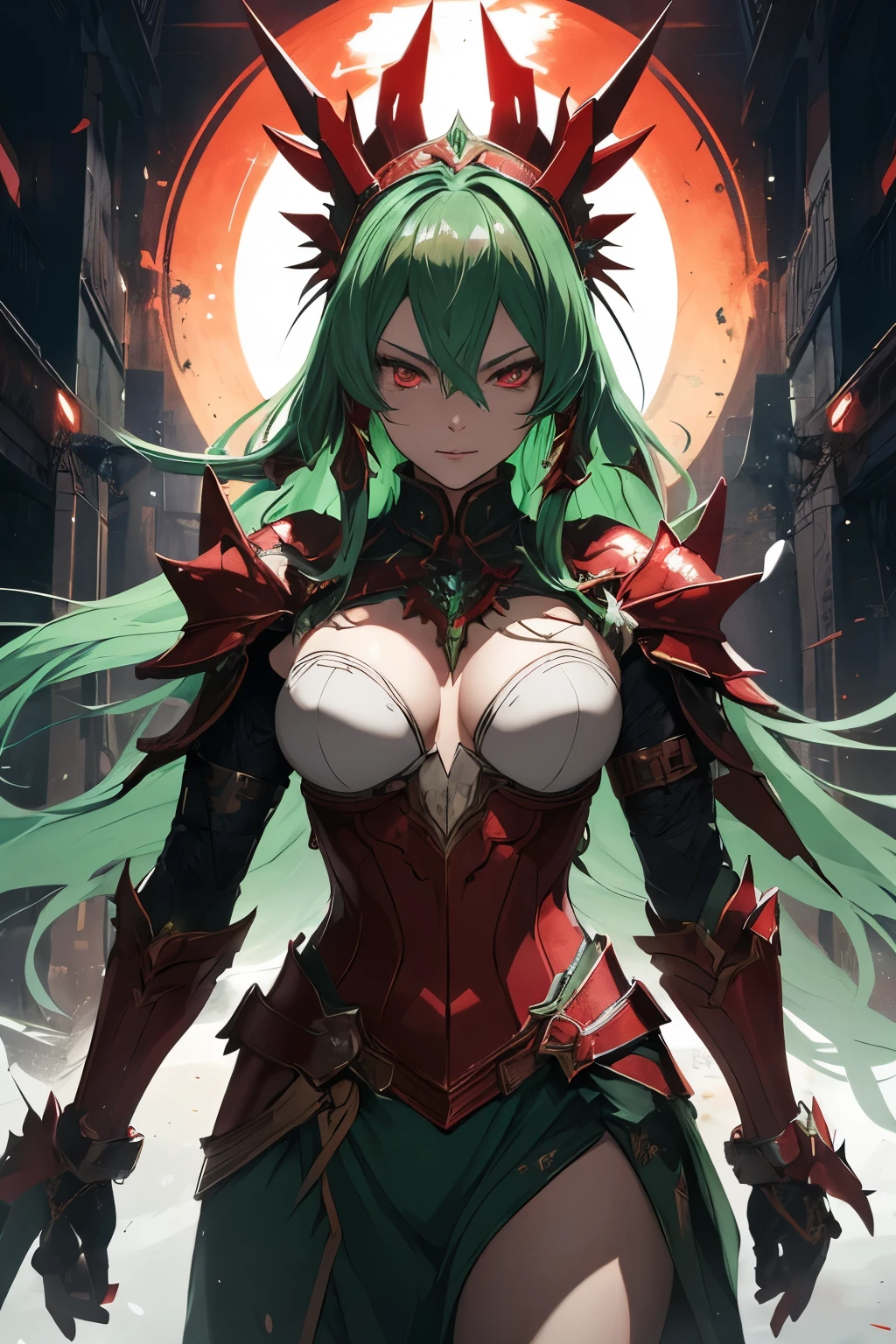In the realm of anime, a woman with emerald green hair and a headdress takes center stage. She dons heavy armor, its silver surface adorned with intricate red details, symbolizing her strength and resilience. The armor extends down to her greaves and plates, protecting her every move. A vibrant red cape flows behind her, adding a dramatic flair to her formidable presence. Her eyes burn with an intense red hue, reflecting her unwavering spirit and determination. The armor itself shines under the bright lights, with small red details popping out in striking contrast, highlighting her valor and courage. She stands tall, embodying the spirit of the anime world
