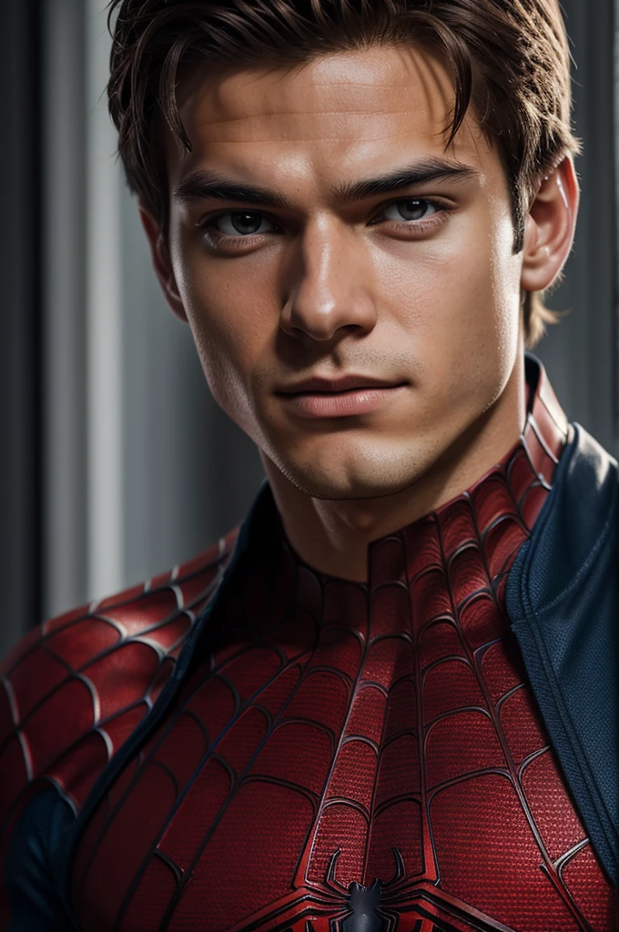 A photograph of spider man, no mask, 20 yo, handsome, detailed face, looking at camera, portrait, 8k uhd, high quality