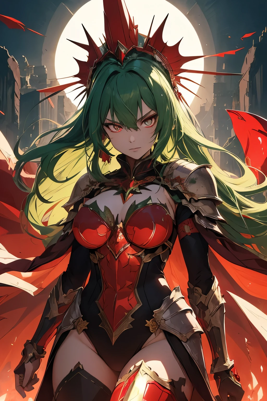 In the realm of anime, a woman with emerald green hair and a headdress takes center stage. She dons heavy armor, its silver surface adorned with intricate red details, symbolizing her strength and resilience. The armor extends down to her greaves and plates, protecting her every move. A vibrant red cape flows behind her, adding a dramatic flair to her formidable presence. Her eyes burn with an intense red hue, reflecting her unwavering spirit and determination. The armor itself shines under the bright lights, with small red details popping out in striking contrast, highlighting her valor and courage. She stands tall, embodying the spirit of the anime world