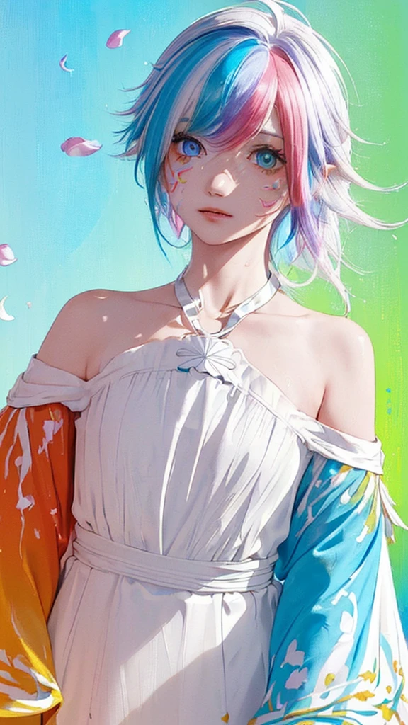 (Pink Fashion T-shirt:1.9),(Colorful hair: 1.8), (all the colours of the rainbow: 1.8),(((((vertical painting:1.6))), (painting:1.6),front, comics, illustrations, paintings, large eyes, crystal clear eyes,( rainbow color gradient high ponytail:1.7), exquisite makeup, closed mouth,(Small Fresh: 1.5),(Wipe Chest: 1.6) ,long eyelashes, white off shoulder T-shirt, White Shoulder Shirt,looking at the audience, large watery eyes, (rainbow colored hair:1.6), color splash, (solo:1.8), color splash, color explosion, thick paint style, messy lines, ((shining)),(colorful), (colorful), (colorful), colorful, Thick Paint Style, (Splash) (Color Splash), Vertical Painting, Upper Body, Paint Splash, Acrylic Pigment, Gradient, Paint, Highest Image Quality, Highest Quality, Masterpiece, Solo, Depth of Field, Face Paint, colorful clothes, (Elegant: 1.2), gorgeous,long hair, wind, (Elegant: 1.3), (Petals: 1.4),(((masterpiece))),(((best quality))),((ultra-detailed)),(illustration),(dynamic angle),((floating)),(paint),((disheveled hair)),(solo),(1girl) , (((detailed anima face))),((beautiful detailed face)),collar,bare shoulders,white hair, ((colorful hair)),((streaked hair)),beautiful detailed eyes,(Gradient color eyes),(((colorful eyes))),(((colorful background))),(((high saturation))),(((surrounded by colorful splashes))),