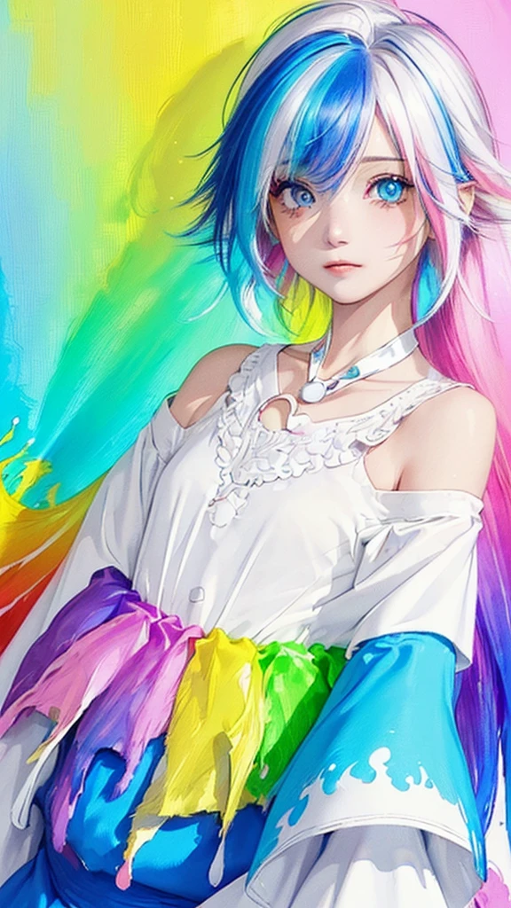 （Pink Fashion T-shirt：1.9），(Colorful hair: 1.8), (all the colours of the rainbow: 1.8),(((((vertical painting：1.6))), （painting：1.6），front, comics, illustrations, paintings, large eyes, crystal clear eyes,（ rainbow color gradient high ponytail：1.7）, exquisite makeup, closed mouth,(Small Fresh: 1.5),(Wipe Chest: 1.6) ，long eyelashes, white off shoulder T-shirt,  White Shoulder Shirt，looking at the audience, large watery eyes, (rainbow colored hair：1.6), color splash, （solo：1.8）, color splash, color explosion, thick paint style, messy lines, ((shining))，(colorful), (colorful), (colorful), colorful, Thick Paint Style, (Splash) (Color Splash), Vertical Painting, Upper Body, Paint Splash, Acrylic Pigment, Gradient, Paint, Highest Image Quality, Highest Quality, Masterpiece, Solo, Depth of Field, Face Paint,  colorful clothes, (Elegant: 1.2), gorgeous,long hair, wind, (Elegant: 1.3), (Petals: 1.4)，(((masterpiece))),(((best quality))),((ultra-detailed)),(illustration),(dynamic angle),((floating)),(paint),((disheveled hair)),(solo),(1girl) , (((detailed anima face))),((beautiful detailed face)),collar,bare shoulders,white hair, ((colorful hair)),((streaked hair)),beautiful detailed eyes,(Gradient color eyes),(((colorful eyes))),(((colorful background))),(((high saturation))),(((surrounded by colorful splashes))),