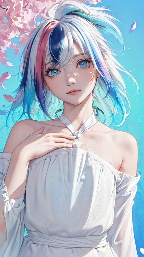 (Pink Fashion T-shirt:1.9),(Colorful hair: 1.8), (all the colours of the rainbow: 1.8),(((((vertical painting:1.6))), (painting:1.6),front, comics, illustrations, paintings, large eyes, crystal clear eyes,( rainbow color gradient high ponytail:1.7), exquisite makeup, closed mouth,(Small Fresh: 1.5),(Wipe Chest: 1.6) ,long eyelashes, white off shoulder T-shirt, White Shoulder Shirt,looking at the audience, large watery eyes, (rainbow colored hair:1.6), color splash, (solo:1.8), color splash, color explosion, thick paint style, messy lines, ((shining)),(colorful), (colorful), (colorful), colorful, Thick Paint Style, (Splash) (Color Splash), Vertical Painting, Upper Body, Paint Splash, Acrylic Pigment, Gradient, Paint, Highest Image Quality, Highest Quality, Masterpiece, Solo, Depth of Field, Face Paint, colorful clothes, (Elegant: 1.2), gorgeous,long hair, wind, (Elegant: 1.3), (Petals: 1.4),(((masterpiece))),(((best quality))),((ultra-detailed)),(illustration),(dynamic angle),((floating)),(paint),((disheveled hair)),(solo),(1girl) , (((detailed anima face))),((beautiful detailed face)),collar,bare shoulders,white hair, ((colorful hair)),((streaked hair)),beautiful detailed eyes,(Gradient color eyes),(((colorful eyes))),(((colorful background))),(((high saturation))),(((surrounded by colorful splashes))),