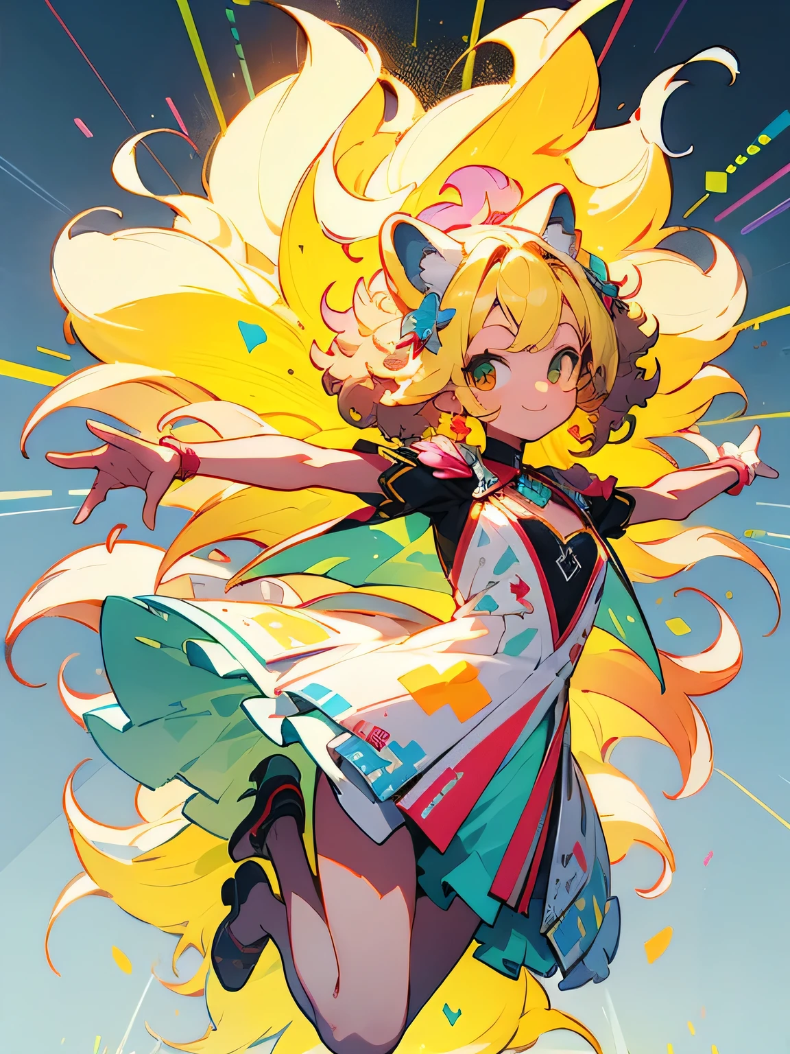 from above:1.3, dutch angle,close up girl:0.6,cute bun blonde princess hair, cute tiara, princess, princess clothes, gentle smile, enchanting chest, slim body, Land of the Lustrous, fancy fantasy scenery, purple-pink playful sky,fullbody,