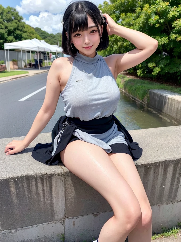 What a Japanese girl born in 2003 will look like in 2024。Stylish clothing。Armpit sweat。Landmine makeup。Heavy makeup。eye make up。Droopy eyes。Young face。Chubby。Provocative smile。Plump young girl。Young thighs。Photos taken outdoors in busy areaicro Mini Skirt。Arm warmers