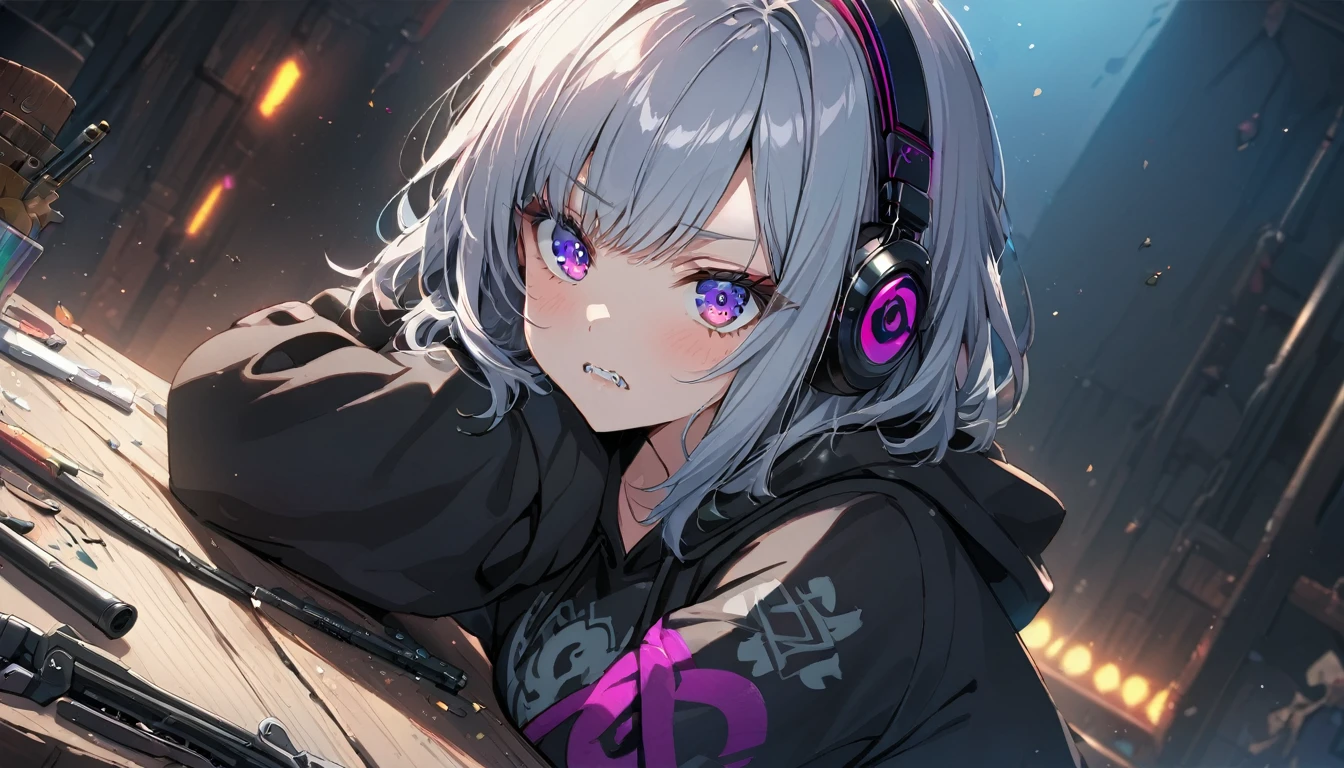 ((Masterpiece)), ((best quality)), (Anime:1.3), (super detail:1.2), (High Definition:1.3), (Professional Photography:1.3), cute young Girl, Glossy unruly hair, (loose swept bangs), (silver ash hair), medium hair, big eyes, (Eye bags:1.3), (Long eyelashes), colorful eyes, (disappointed while looking at the broken gun at the table), Glossy lips, (jagged teeth), farewell, ((black hoodie with oversized)), mini skirt, (upper body:1.3), barearms, cute, (colorful:1.3), gothic makeup, (wearing headphone), pretty, Celtic, maniac, (at Armory:1.3), (dutch angle:1.3),