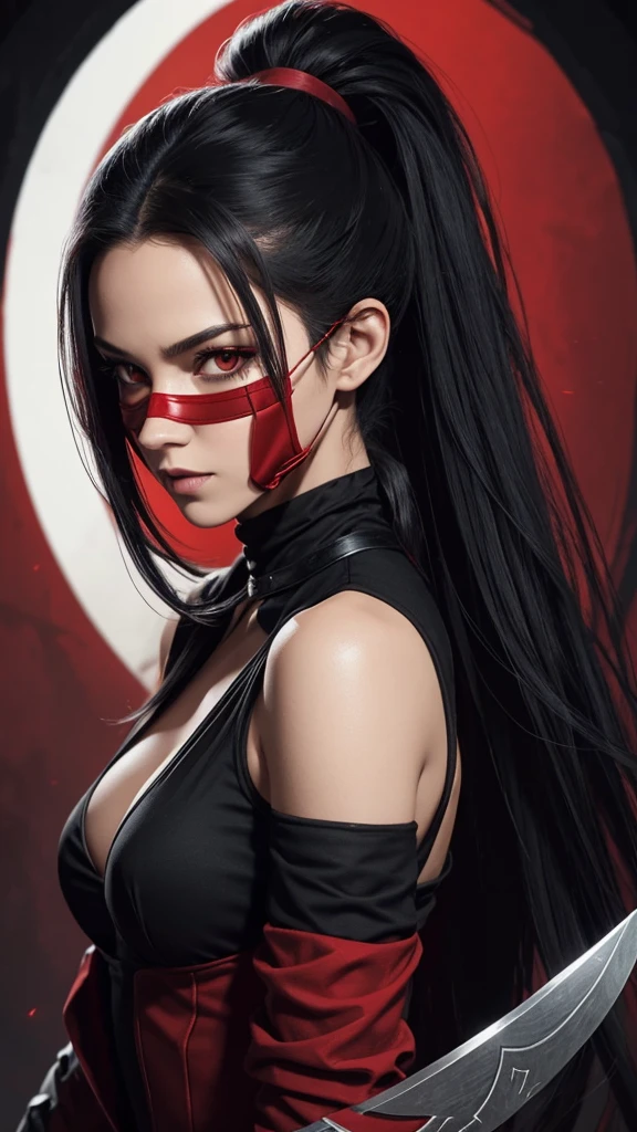 stunning rogue in red, lower face mask, she has long black hair pulled back in a ponytail, use deadly blade, fantasy illustration. image round frame integrated with whole composition