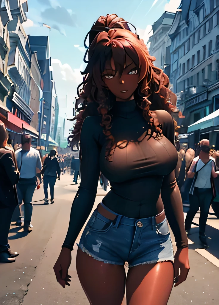 Rias Gremory, ((Dark African skin, Very deep ebony skin)), ((Its beauty is undeniable)), ((cute excited face)), ((Hyper detailed perfect eyes,)), ((pose mignonne)), ((Langue sortie)), ((Attirant )), sexy, (( Tight knit shirt, shorts courts sexy)), ((Afro curly African hair afro ponytail afro,)), (( peau)), ((debout, vue de face)), ((toucher ses propres jambes dans une pose sexy)), ((dehors, Ville publique)), CGI ciblé, Fotorrealista, High detail, Realstic, Master part, Absurde, Best quality, Hdr, highly quality, high-definition, extremly detailed, 8k wallpaper, intricate high detail, 8K UHD, Full-HD, (photo realist:1.2), contraste, intense illumination, lighting cinematic, natural lighting, hard light, contre-jour, Illumination globale, occlusion ambiante