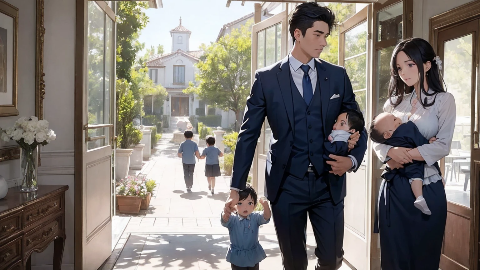 A successful young businessman father holds his young twin boys and girls in his arms tightly and warmly、A scene filled with love and security。My father is on his way home from work.、Children are innocent and carefree。In the background, a clear blue sky spreads out.、South of France in summer、A view of a stylish, modern mansion in Provence。The bright sunlight illuminates the house and the sparkling sea.。 In fact, this３０The father of the generation was the former Constantine１This is the world.、The boy-girl twins are formerly Crispus and Fausta。The whole scene、atonement、Forgiveness、Healing、Purification、And the theme of repairing relationships was emphasized.、It expresses the moment when family love and bonds deepen.。,masterpiece, 最high quality, Official Art, 8k wallpaper, Very detailed, Very delicate and beautiful, wonderful, In detail, masterpiece, Super detailed, High resolution,Best illustrations, Best Shadow,Complex,Sharp focus, high quality、Reincarnation romance light novel cover。